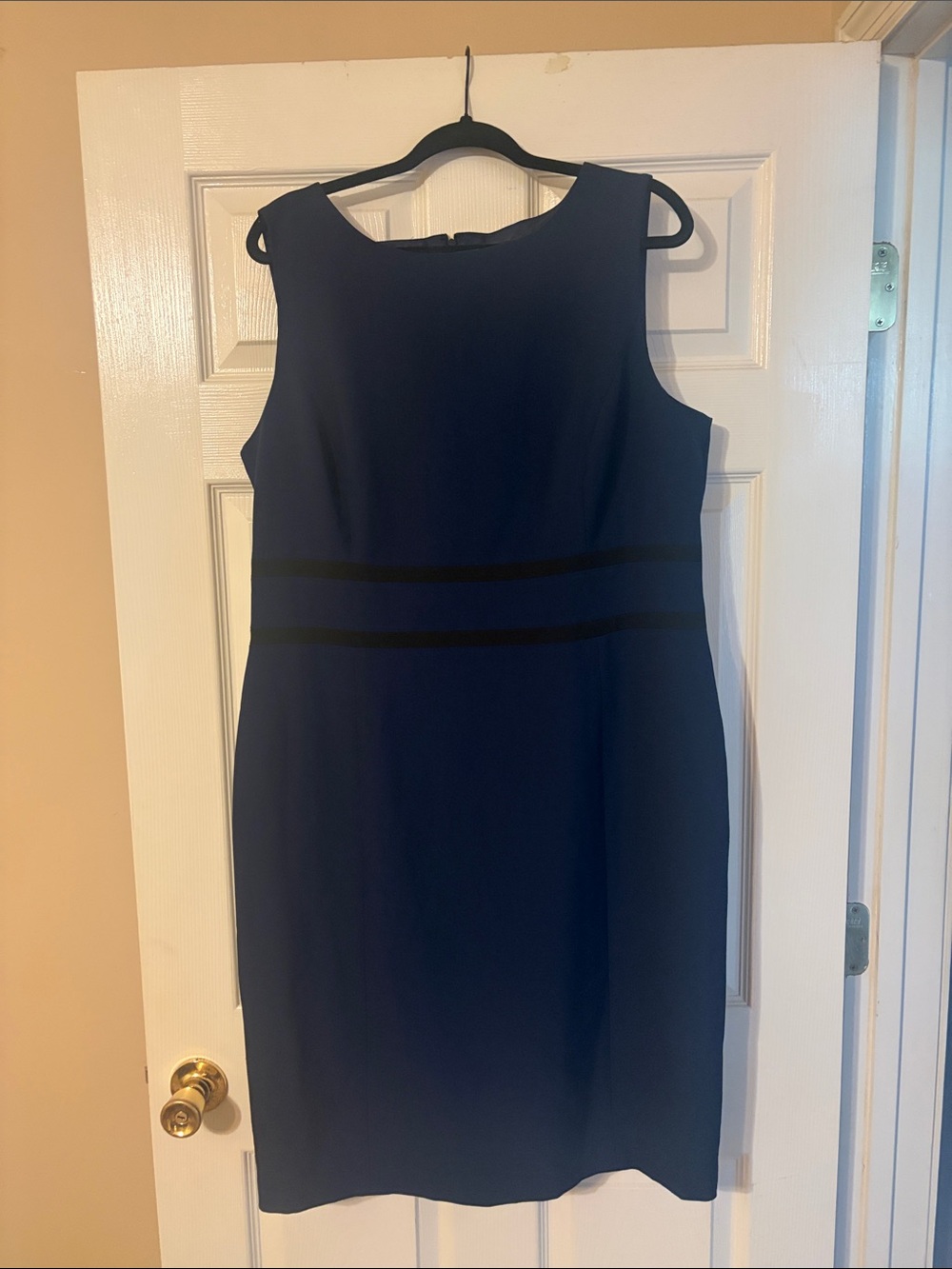 Sleeveless Navy Midi Sheath Dress with Black Waistband
